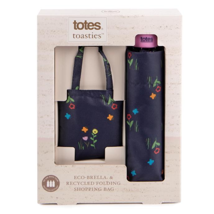 totes ECO-BRELLA® & Matching Bag in Bag Umbrella Shopper Navy Fowers (3 Section) Extra Image 5